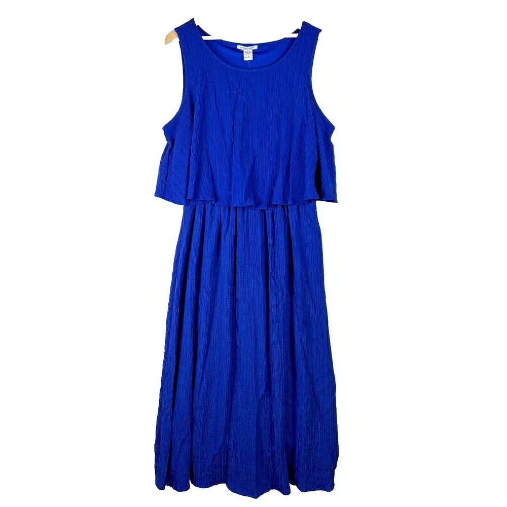 Sabrina Lauren Dress Womens Plus 2X Layered Cobalt Blue Maxi Crepe Textured Long
